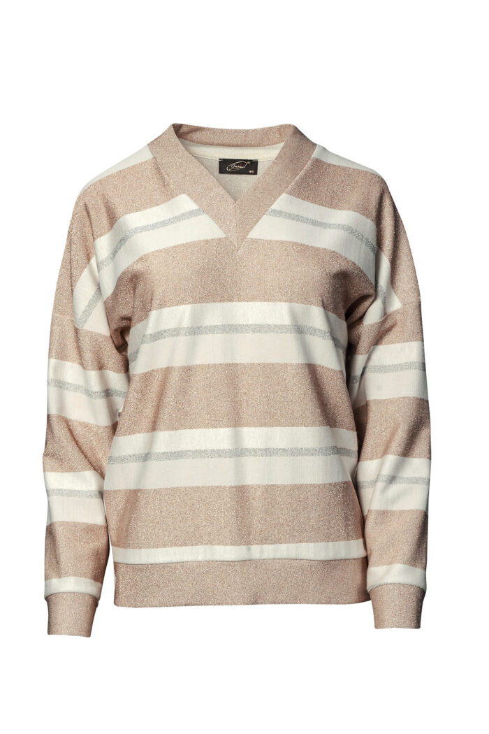 Bluzka damska w paski miedziano-ecru z dekoltem w serek i metalicznym połyskiem.