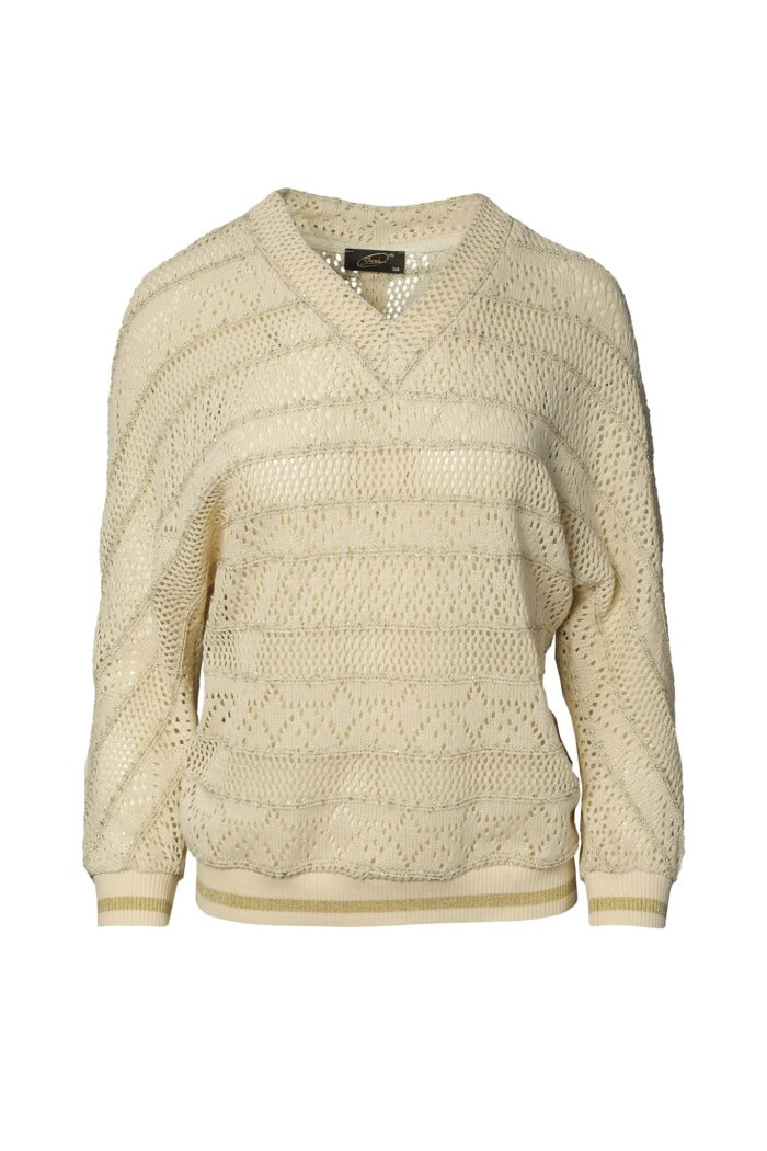 Damski sweter ażurowy w kolorze ecru, z dekoltem w serek, złotą nitką i kimonowym krojem.