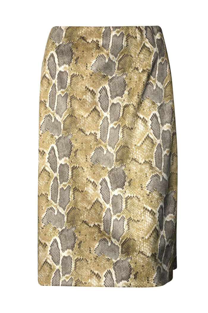 Ołówkowa spódnica damska w zwierzęcy wzór skóry węża, z elastycznym pasem i pęknięciem z tyłu.