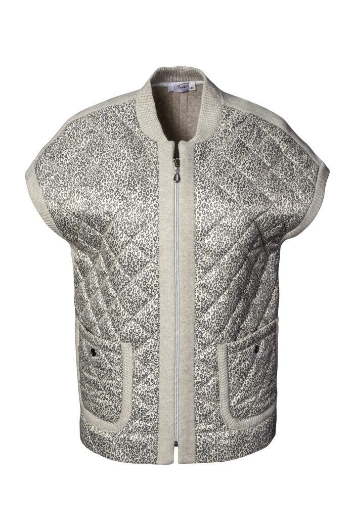 Damska kamizelka pikowana w panterkę, zapinana na zamek, ze stójką przy szyi i syntetycznym wypełnieniem.