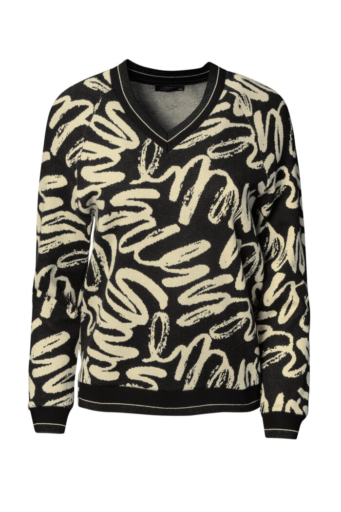 Grafitowy sweter damski z dekoltem w serek i abstrakcyjnym wzorem w jasnym kolorze.