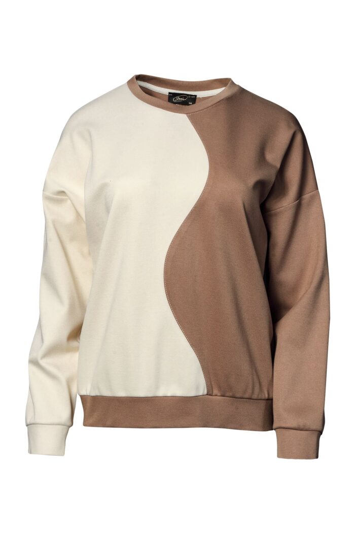 Damska bluza dwukolorowa w odcieniach camelowym i kremowym, luźny krój, lekko opadające rękawy, ściągacze na dole i przy rękawach