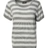 Bluzka dzianinowa w paski, krótkie wszywane rękawy, elastyczny ściągacz na dole, odcienie ciemnoszarego i jasnoszarego, materiał wiskoza i elastan.
