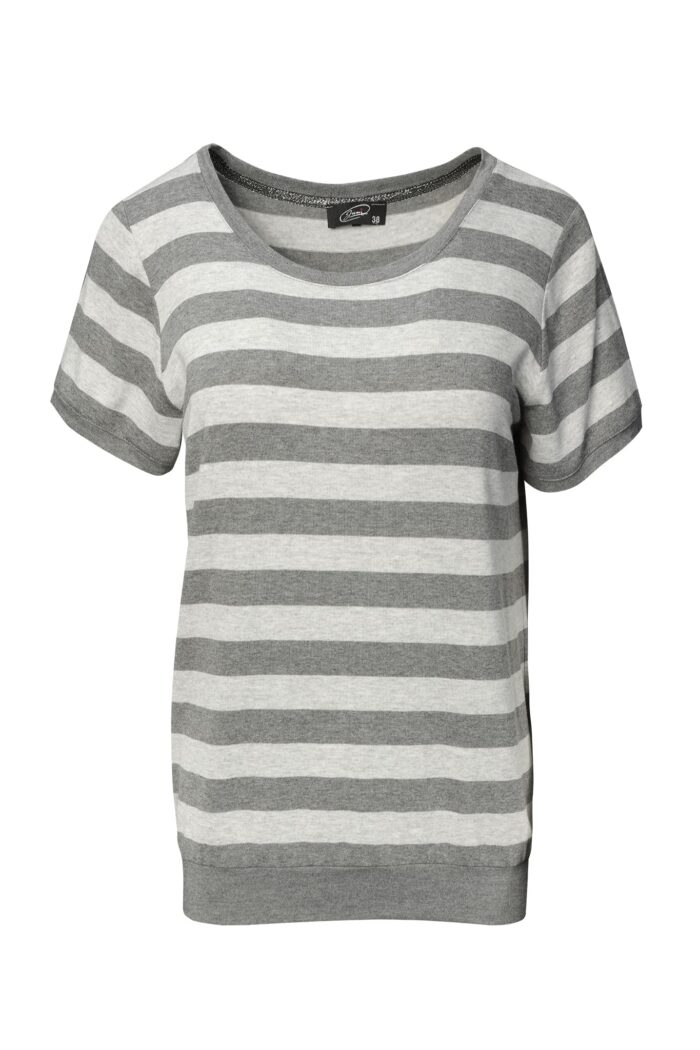 Bluzka dzianinowa w paski, krótkie wszywane rękawy, elastyczny ściągacz na dole, odcienie ciemnoszarego i jasnoszarego, materiał wiskoza i elastan.