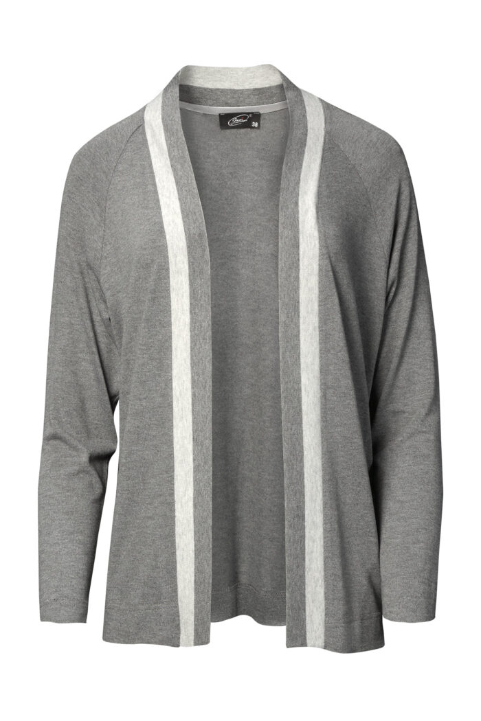 Ciemnoszary blezer damski z dzianiny, otwarty przód, długie raglanowe rękawy, kontrastowe jasne wstawki.