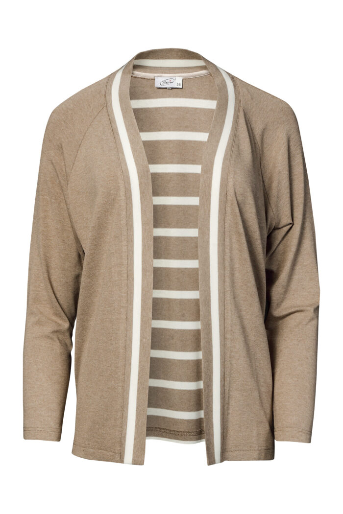 Beżowy blezer z dzianiny z kontrastowymi lamówkami, wykonany z wiskozy i elastanu, elegancki i wygodny na co dzień.