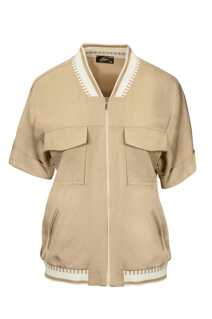 Beżowa letnia bluzka damska z lnem i wiskozą, zapinana na zamek, wykończona ozdobnymi ściągaczami