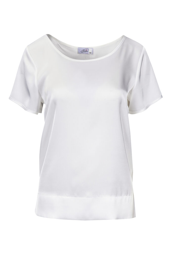 Klasyczna bluzka satynowa damska z krótkim rękawem w kolorze ecru wykonana ze sztucznego jedwabiu marki Jumitex.