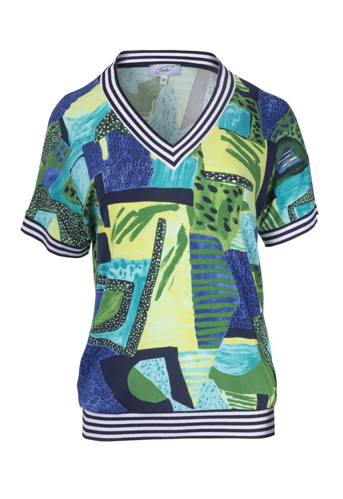 Kolorowa wiskozowa bluzka letnia z dekoltem V i ozdobnymi ściągaczami w paski od Jumitex.