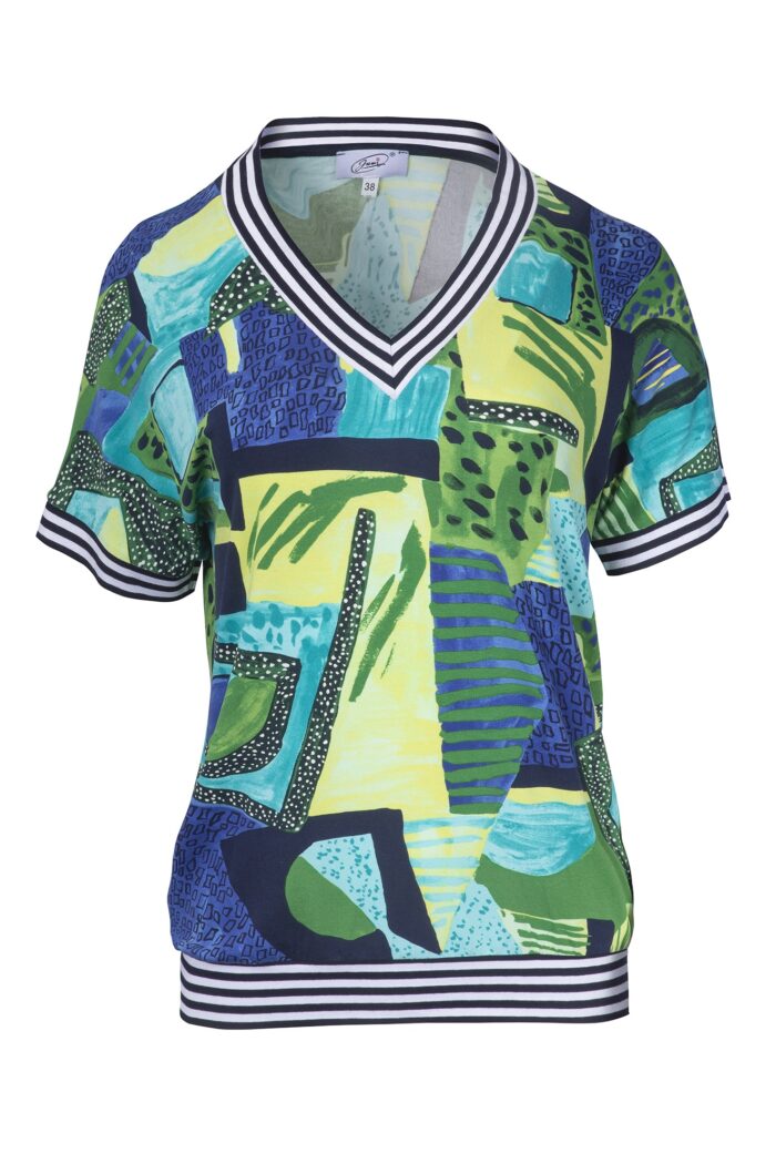 Kolorowa wiskozowa bluzka letnia z dekoltem V i ozdobnymi ściągaczami w paski od Jumitex.