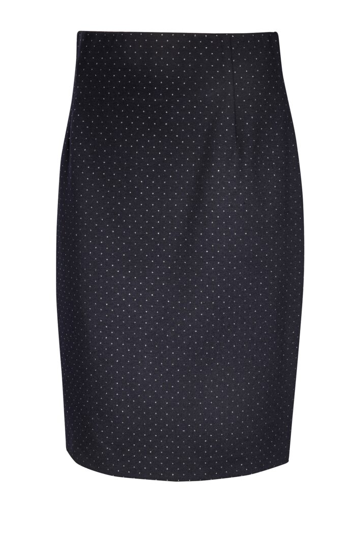 ołówkowa spódnica z metaliczną nicią i szeroką gumą w pasie.