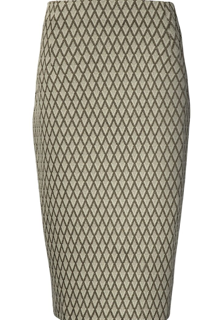 Elegancka spódnica ołówkowa żakardowa w beżowo-brązowy wzór rombów z wygodną gumą w pasie.