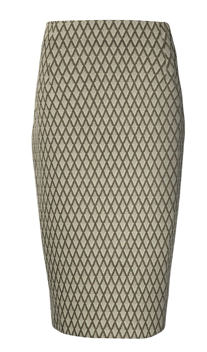 Elegancka spódnica ołówkowa żakardowa w beżowo-brązowy wzór rombów z wygodną gumą w pasie.