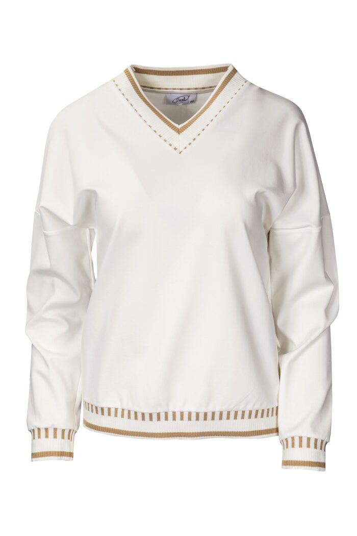 Elegancka biała bluza dresowa damska z dekoltem V i ozdobnymi ściągaczami marki Jumitex.