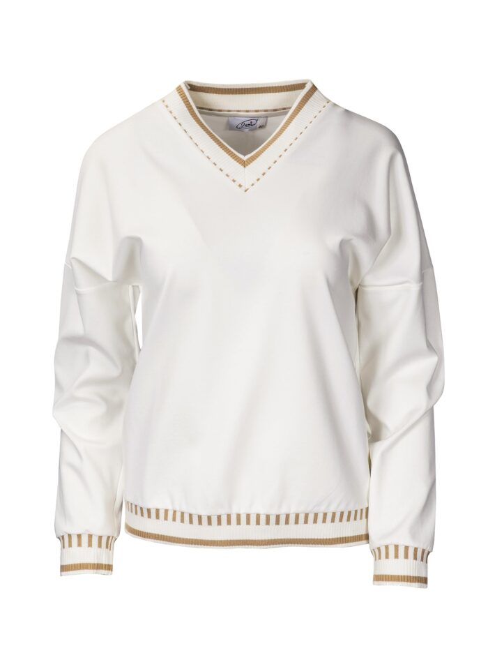 Elegancka biała bluza dresowa damska z dekoltem V i ozdobnymi ściągaczami marki Jumitex.