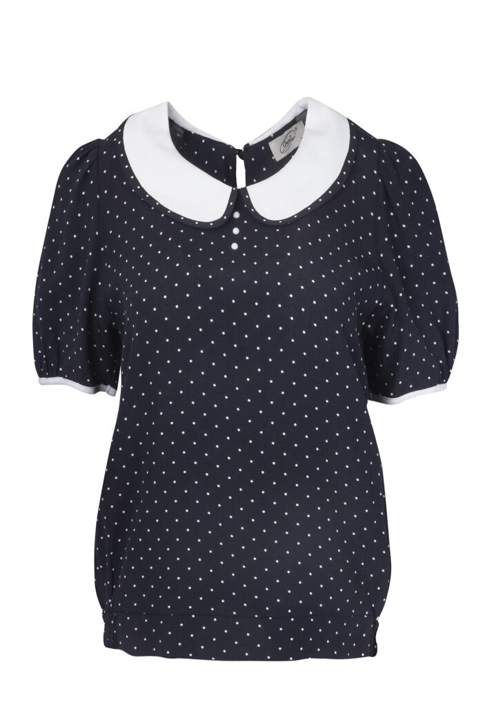 Wiskozowa bluzka damska w kropki z białym kołnierzykiem bebe i ozdobnymi perełkami marki Jumitex.