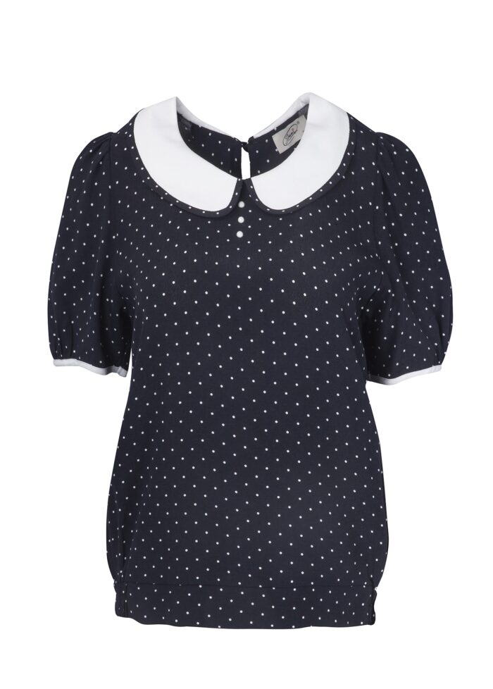 Wiskozowa bluzka damska w kropki z białym kołnierzykiem bebe i ozdobnymi perełkami marki Jumitex.