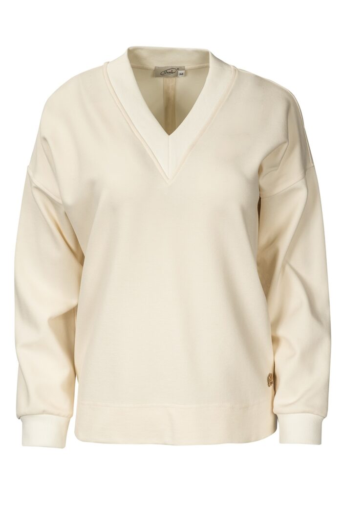 Elegancka damska bluza dresowa w kolorze ecru z dekoltem V i ściągaczami marki Jumitex.