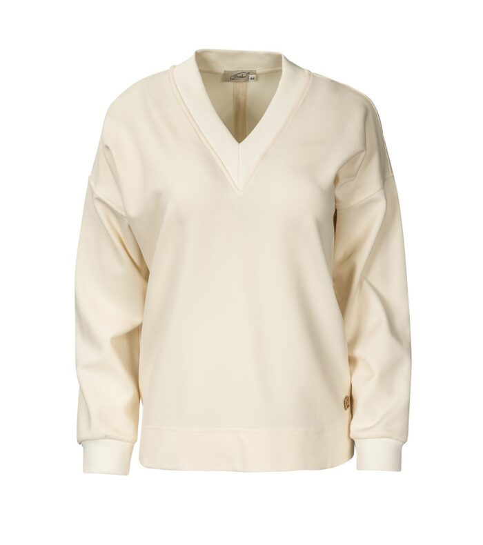 Elegancka damska bluza dresowa w kolorze ecru z dekoltem V i ściągaczami marki Jumitex.