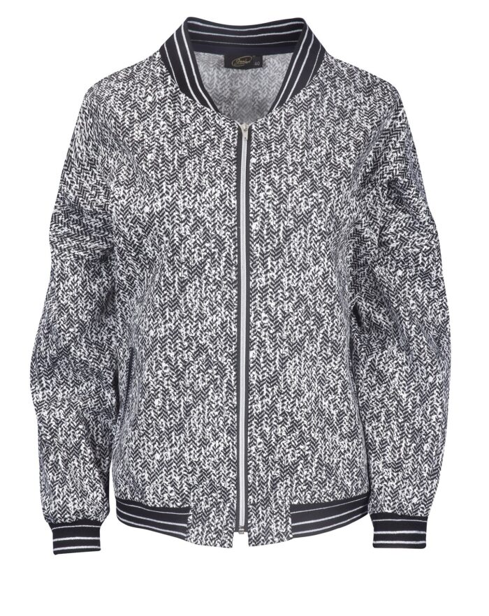 Damska bawełniana bluza bomberka rozpinana na zamek w elegancki czarno-biały wzór od Jumitex.