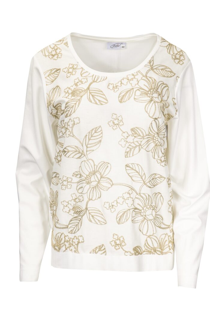 Elegancka biała bluzka damska z matowo-złotym haftem kwiatowym i długim rękawem marki Jumitex.