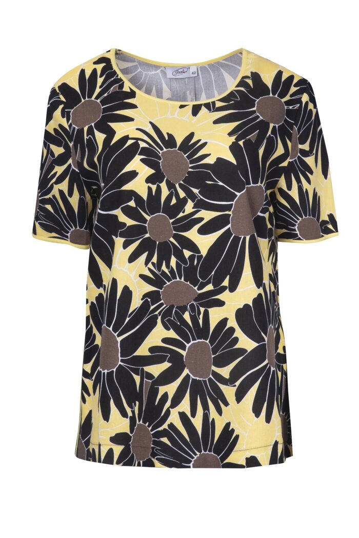 Elegancka bluzka wiskozowo-lniana we wzory kwiatowe w kolorach żółtym, czarnym i brązowym