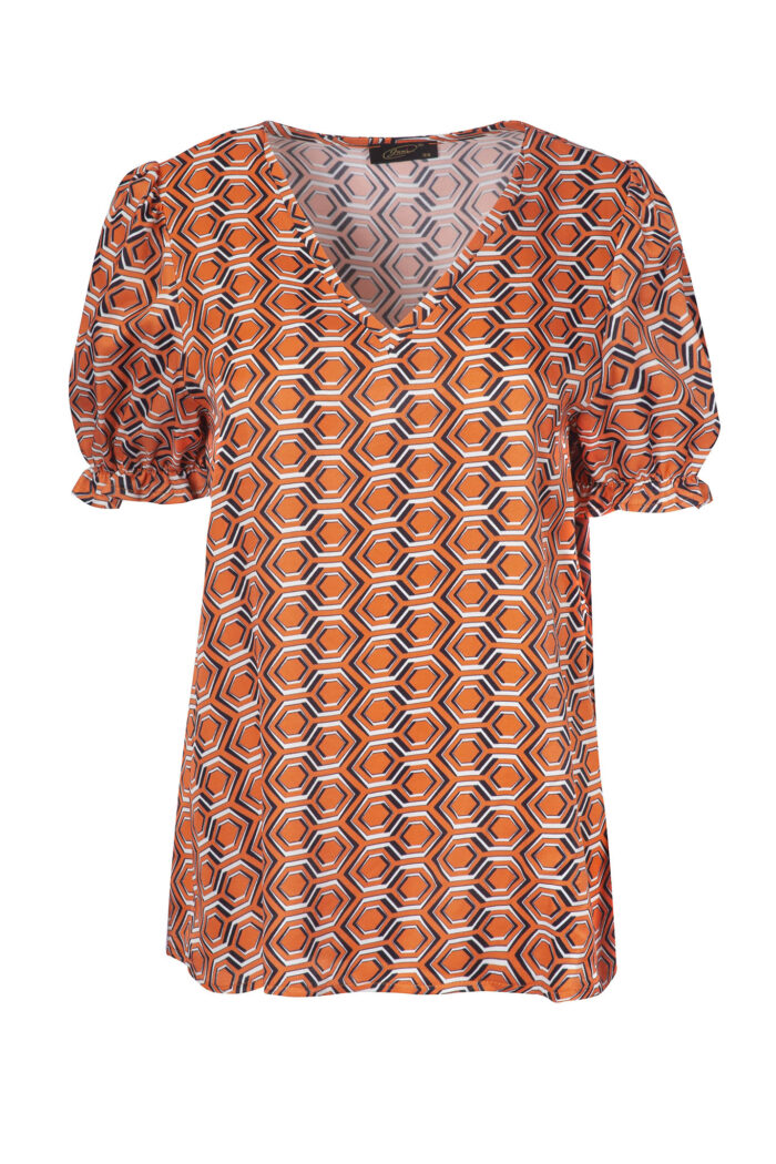 Elegancka bluzka wiskozowa we wzory geometryczne z dekoltem v-neck i ozdobną bufką na rękawie.