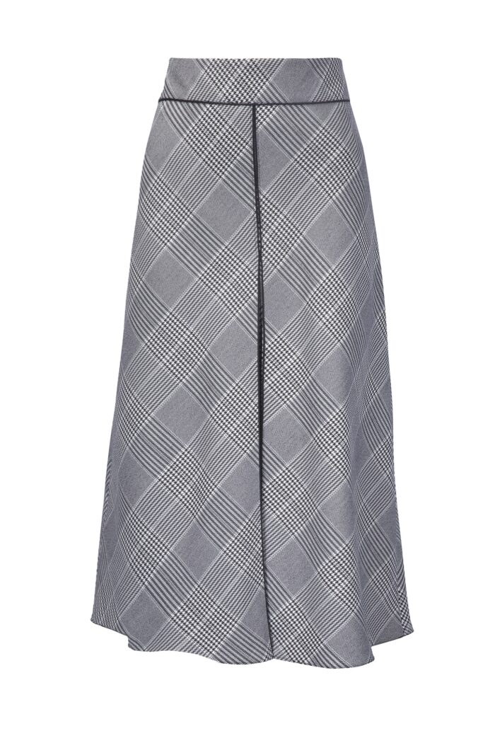 Szara elegancka rozkloszowana spódnica w kratę z wyszczuplającym karczkiem.