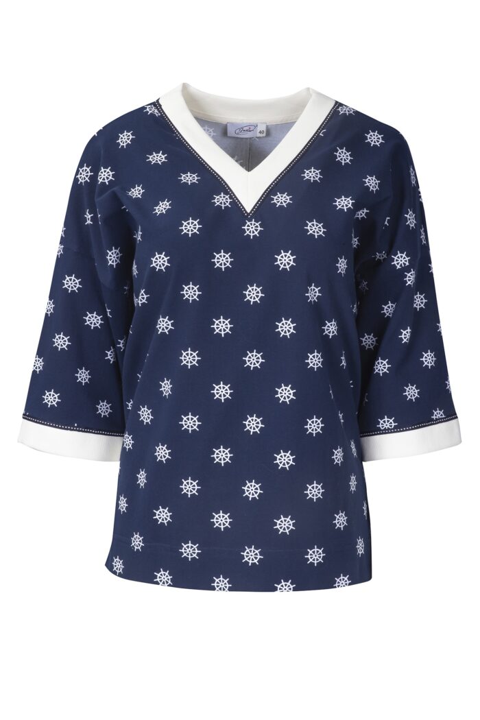 Granatowa bluzka dresowa z białym wzorem kół sterowych i białym wykończeniem dekoltu.