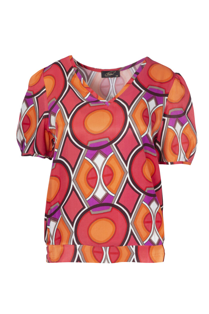 Kolorowa bluzka wiskozowa na lato w geometryczny wzór, satynowa tkanina z dekoltem v-neck.